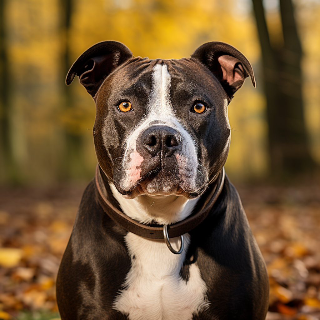 Primo piano di un cane amstaff marrone scuro seduto su un manto di foglie cadute in autunno