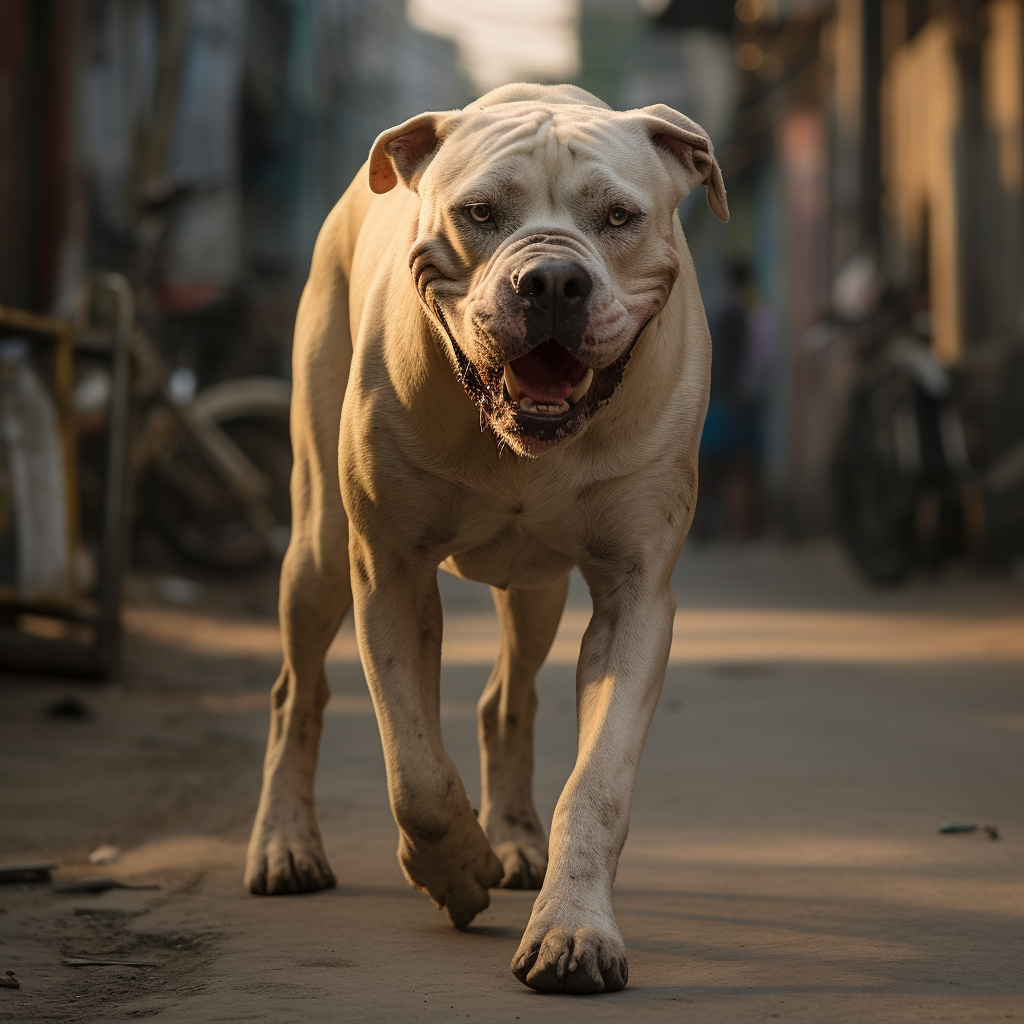 un cane bully kutta sta camminando in una strada di una città rurale con lo sguardo fiero che incute timore