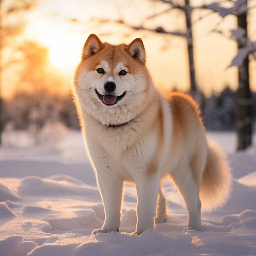 Cane Akita Inu sulla neve al tramonto mostra la lingua blu