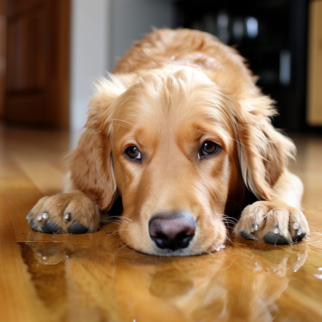 cane cocker triste sdraiato sul pavimento di parquet