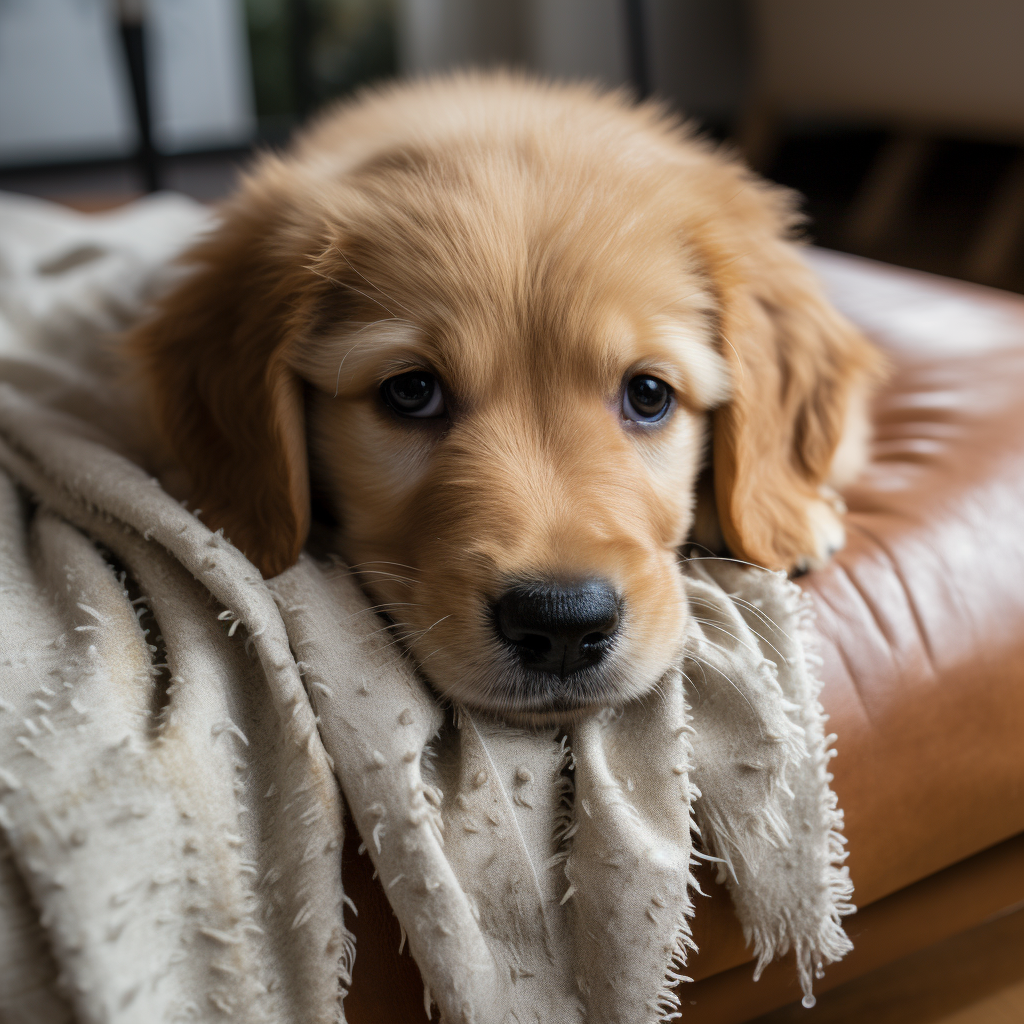 Cane cucciolo Golden Retriever triste poggia la testa sulla spalliera del divano marrone
