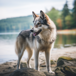 Cane simil lupo grigio sulla riva di un lago con lo sguardo rivolto a sinistra