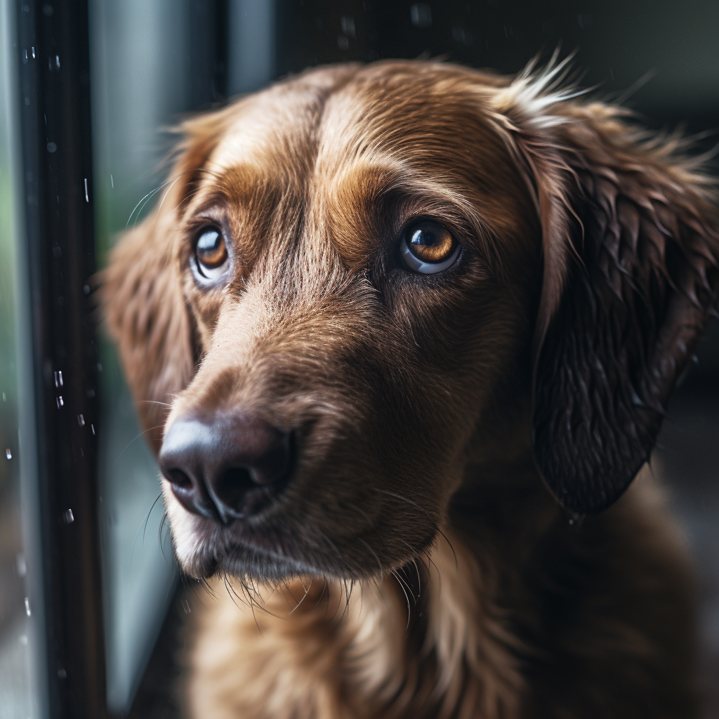 Cane marrone triste vicino ad una finestra mentre fuori piove
