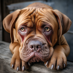 Cane Dogue de Bordeaux triste, con la sua testa appoggiata sulle zampe, piange
