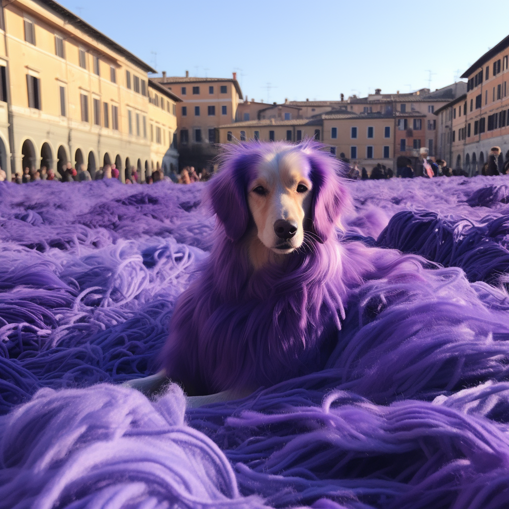 Un cane in una piazza è colorato di viola e intorno a lui ci sono matasse di lana viola