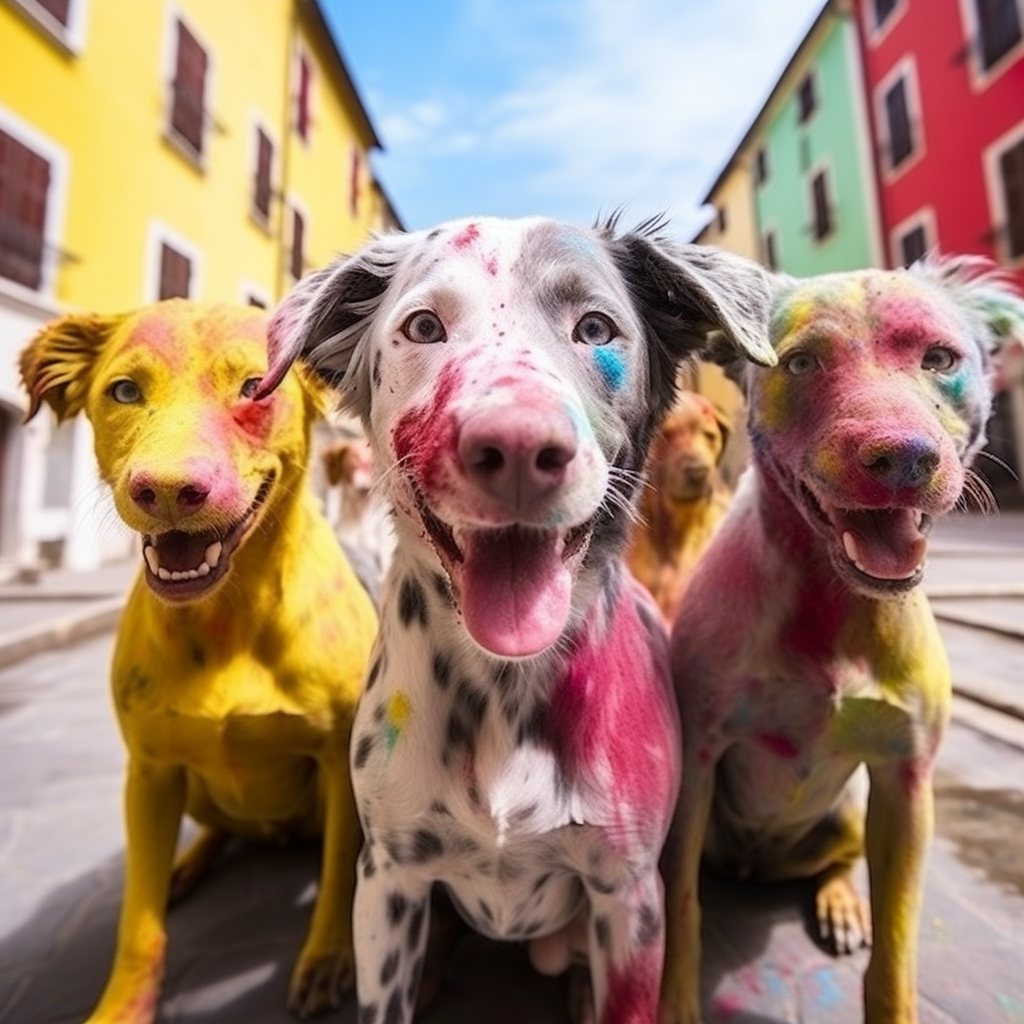 Un gruppo di cani variopinti in primo piano su una strada in mezzo a palazzi colorati