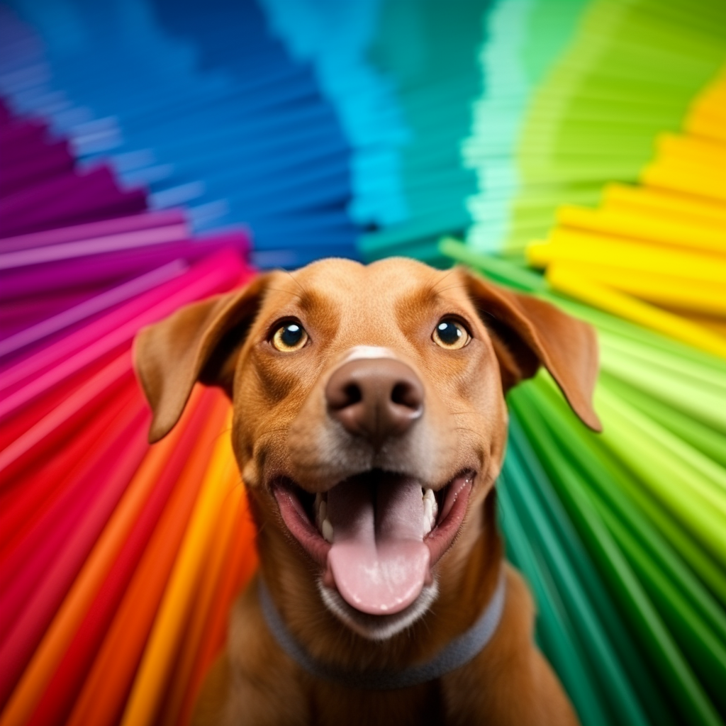 Primo piano di un cane a pelo corto marrone sullo sfondo una serie di colori rappresentati l'arcobaleno