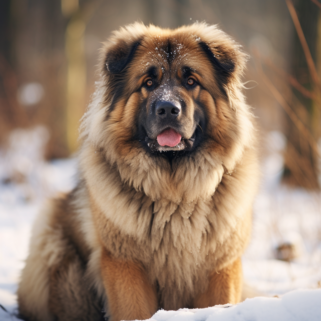 Un cane mastino del Caucaso guarda davanti a se mentre è seduto su una coltre di neve