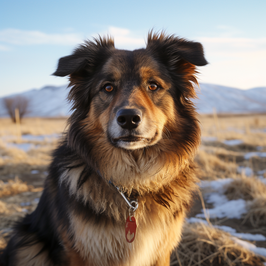 Un cane molossoide a pelo lungo seduto in un campo non coltivato ricoperto da sprazzi di neve