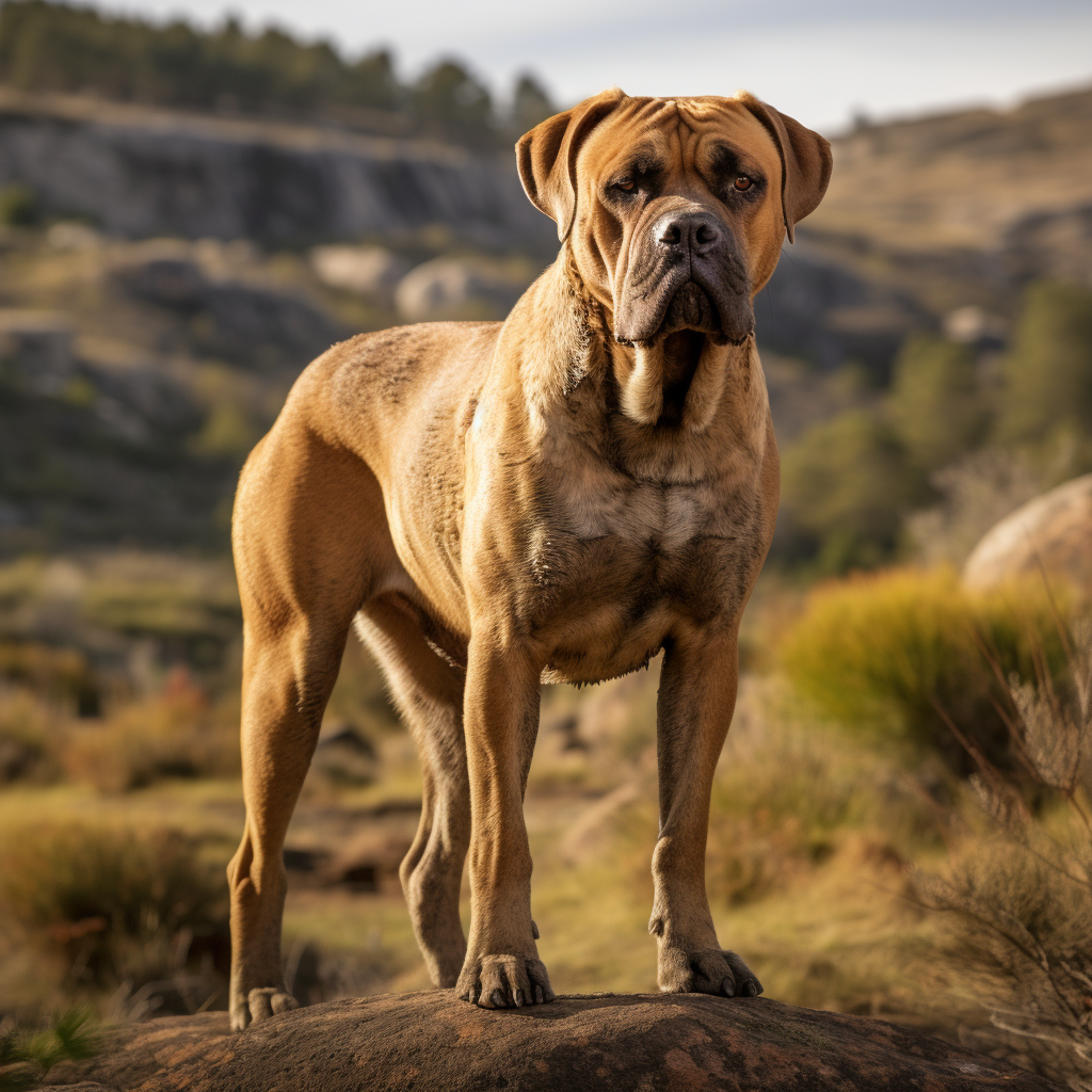 Un cane dogo canario è fermo in un sentiero di una zona collinare priva di antropizzazione, simile ad una ambientazione in stile western