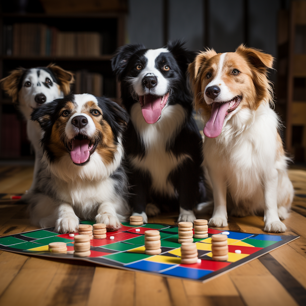 Quattro cani stanno facendo da tavolo un gioco interattivo
