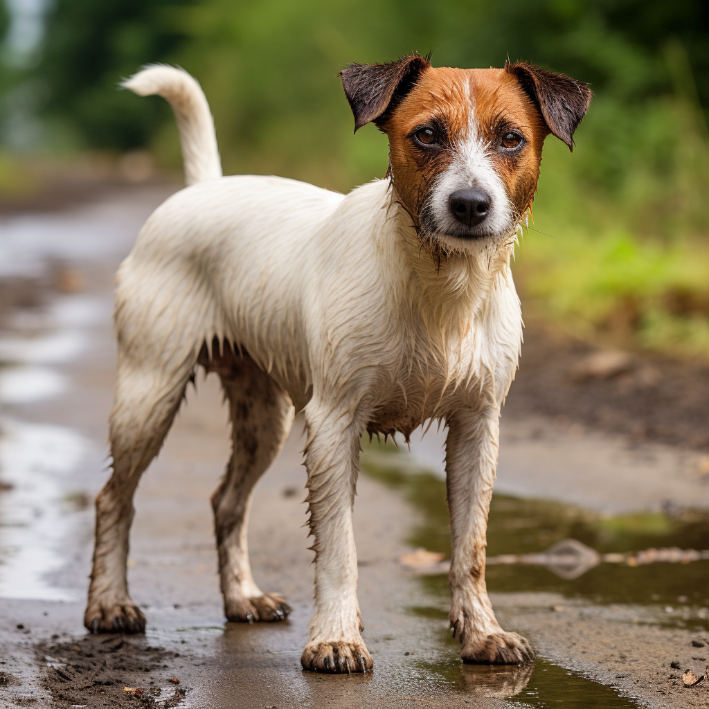 Un giovane Jack Russell abbandonato in campagna, è sporco di fango e bagnato
