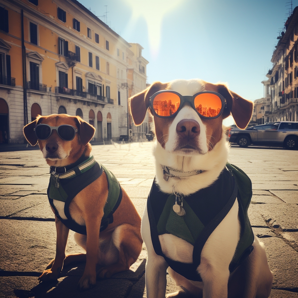 Due cani in una piazza di una città italiana indossano gli occhiali da sole