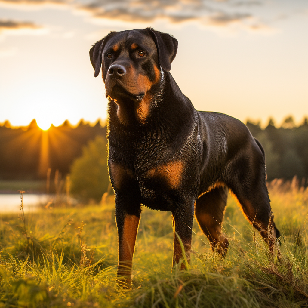 Un cane rottweiler mostra la sua potenza e forza fisica stando in piedi su un prato di campagna alla luce del tramonto