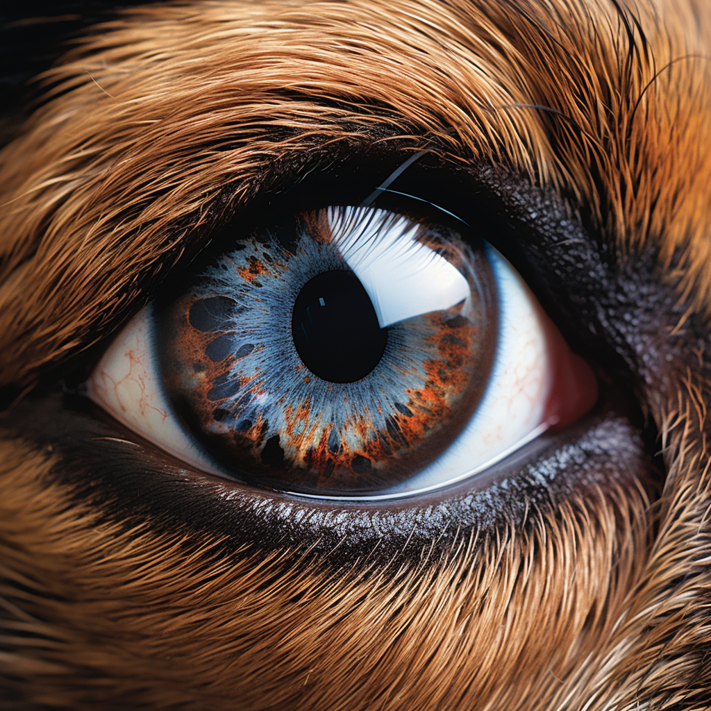 Foto macro dell'occhio di un cane a pelo marrone