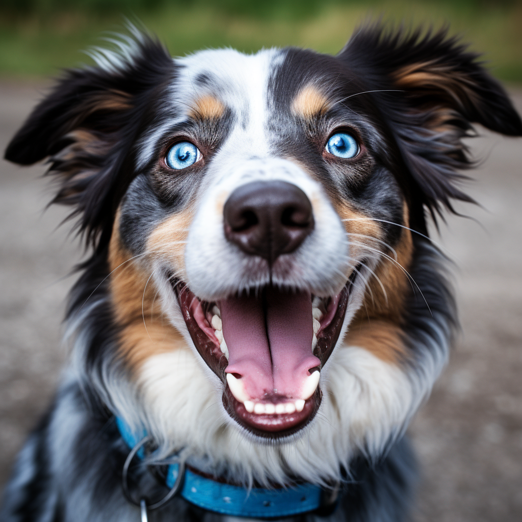 Primo piano di un cane Australian Shepherd che mostra una lingua con sfumature blu
