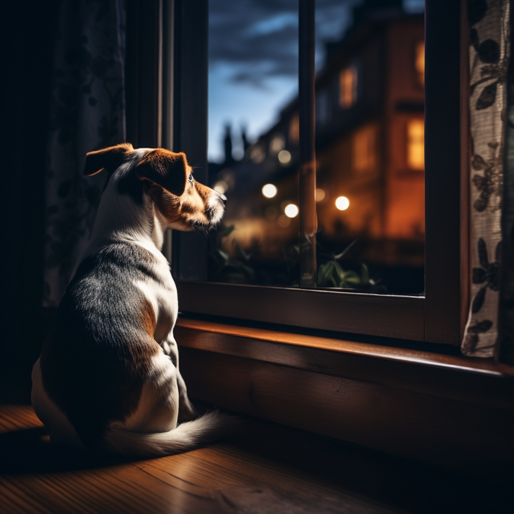 Cane terrier bianco nero e marrone che guarda fuori dalla finestra in una notte poco illuminata