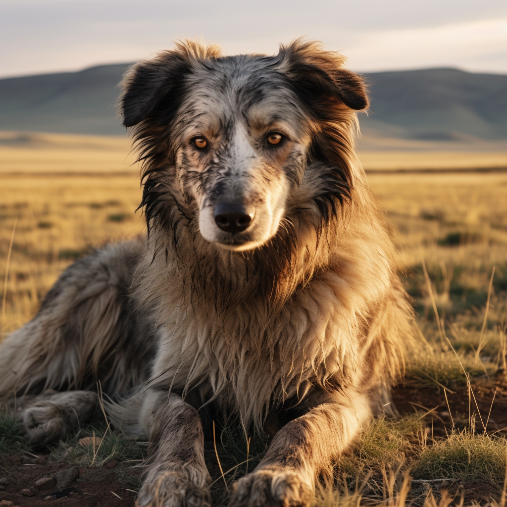 Cane a pelo lungo, bagnato e sporco, dopo una battuta di caccia nella steppa. Seduto su una prateria con le montagne sullo sfondo