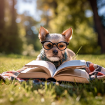 Un cane anziano di piccola taglia legge un libro su un prato verde. Indossa occhiali da vista