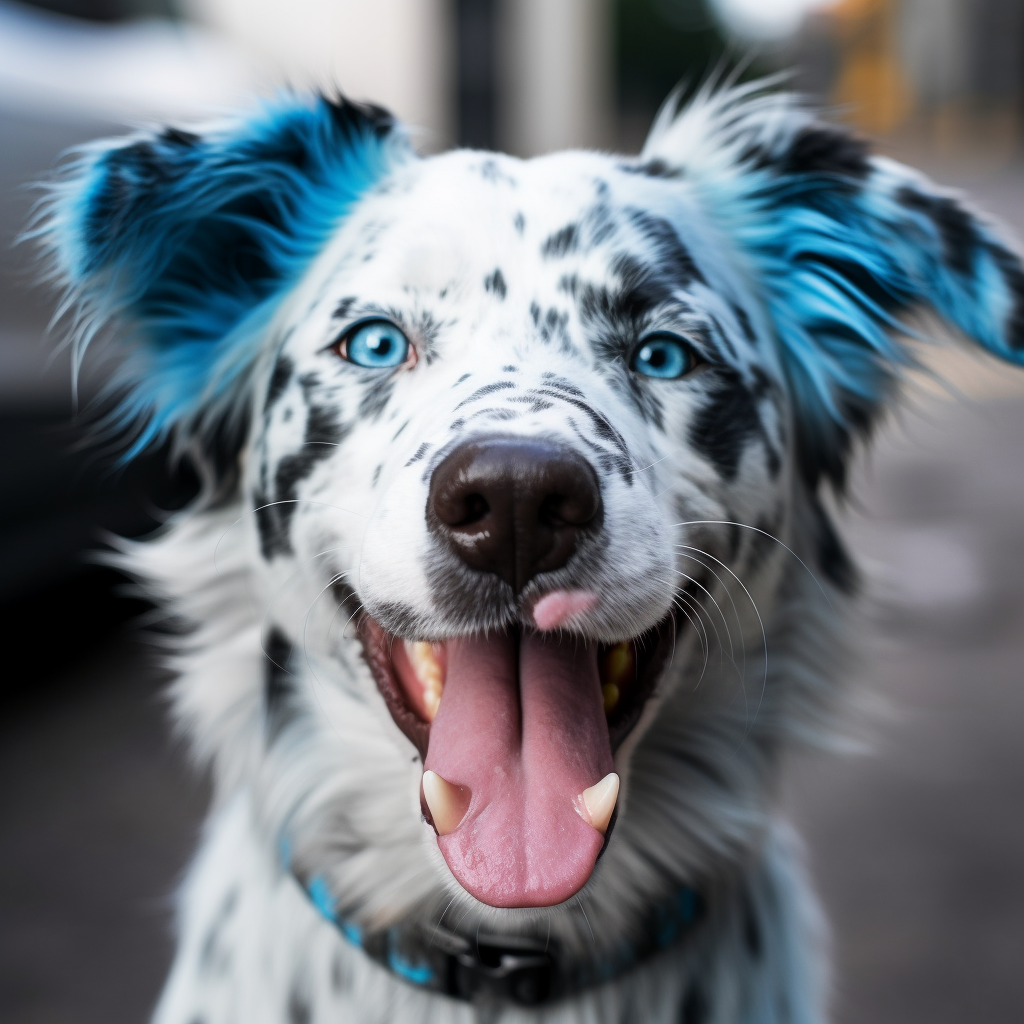 Cane bianco e nero con occhi azzurri che mostra la lingua