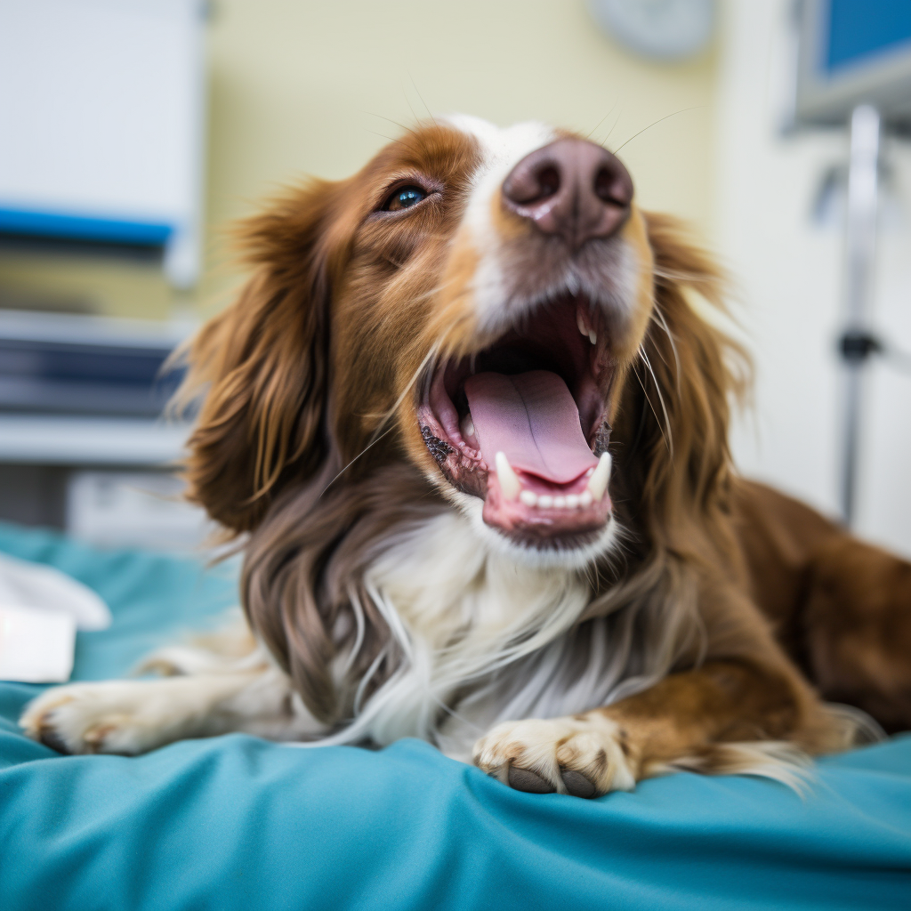 Un cane malato sta sbadigliando mentre è sdraiato sul lettino di un veterinario