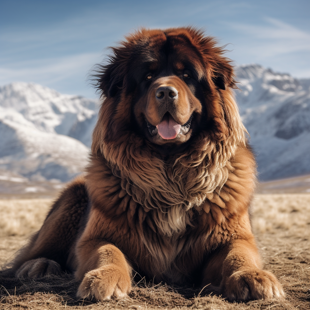 Cane Mastino Tibetano con alle spalle l'Himalaya 