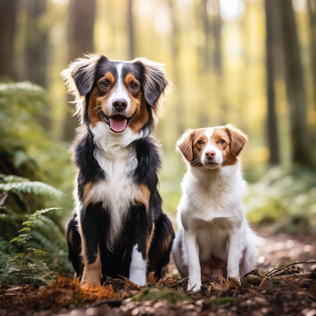 Due cani seduti su un sentiero in un bosco
