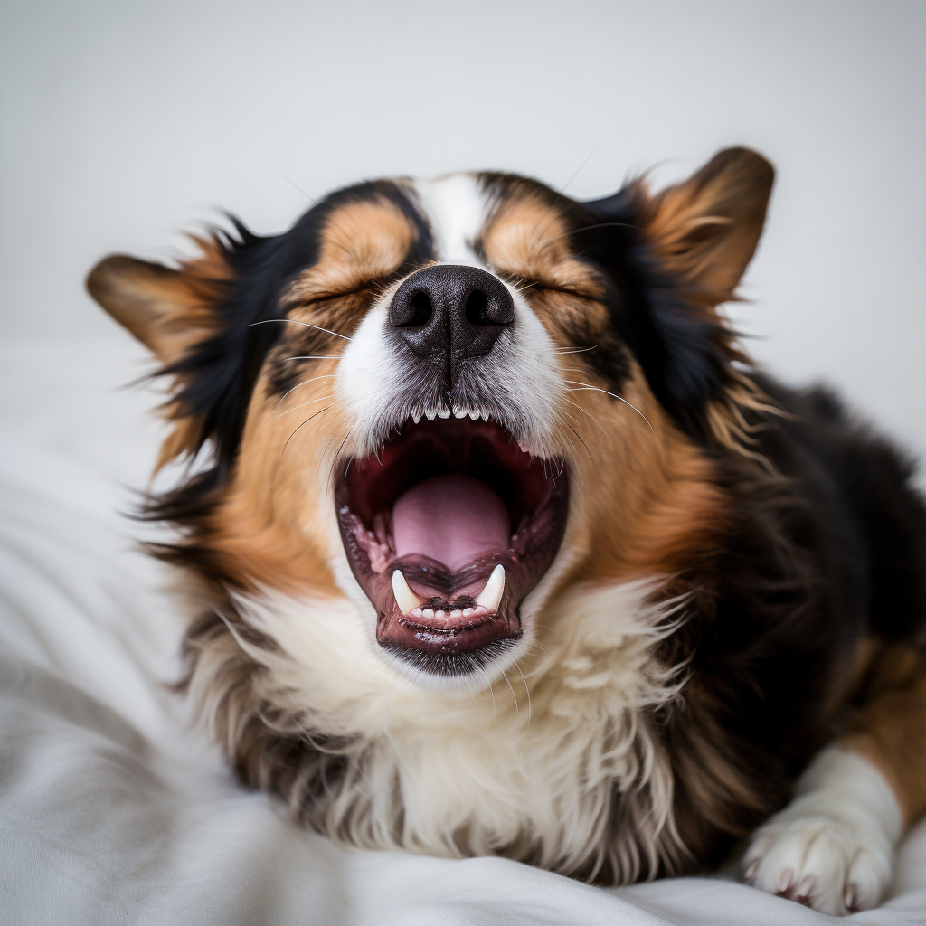 Un cane nero, marrone e bianco è sdraiato e sta sbadigliando ad occhi chiusi mostrando i denti