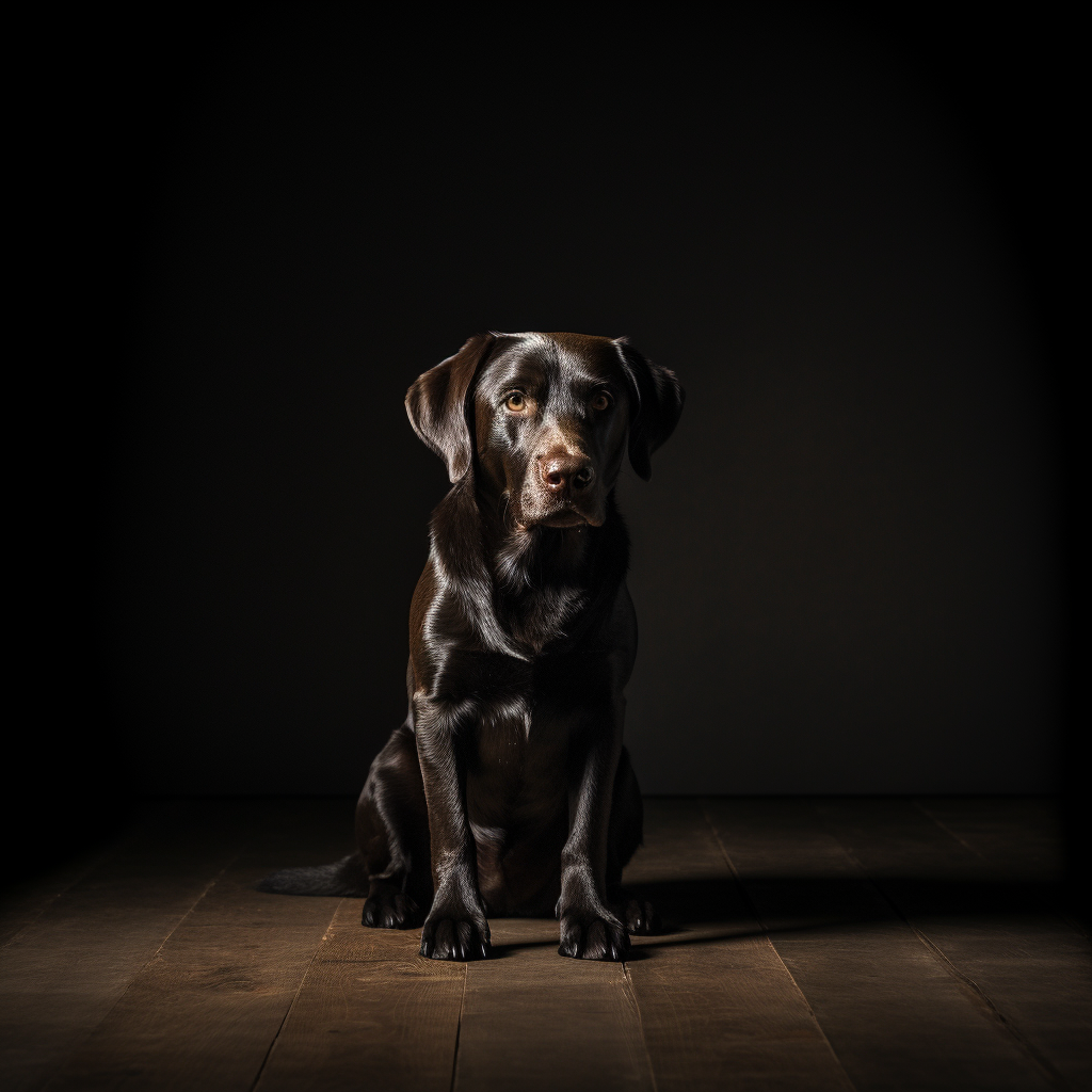 Un cane marrone scuro è solo in una stanza quasi completamente buia