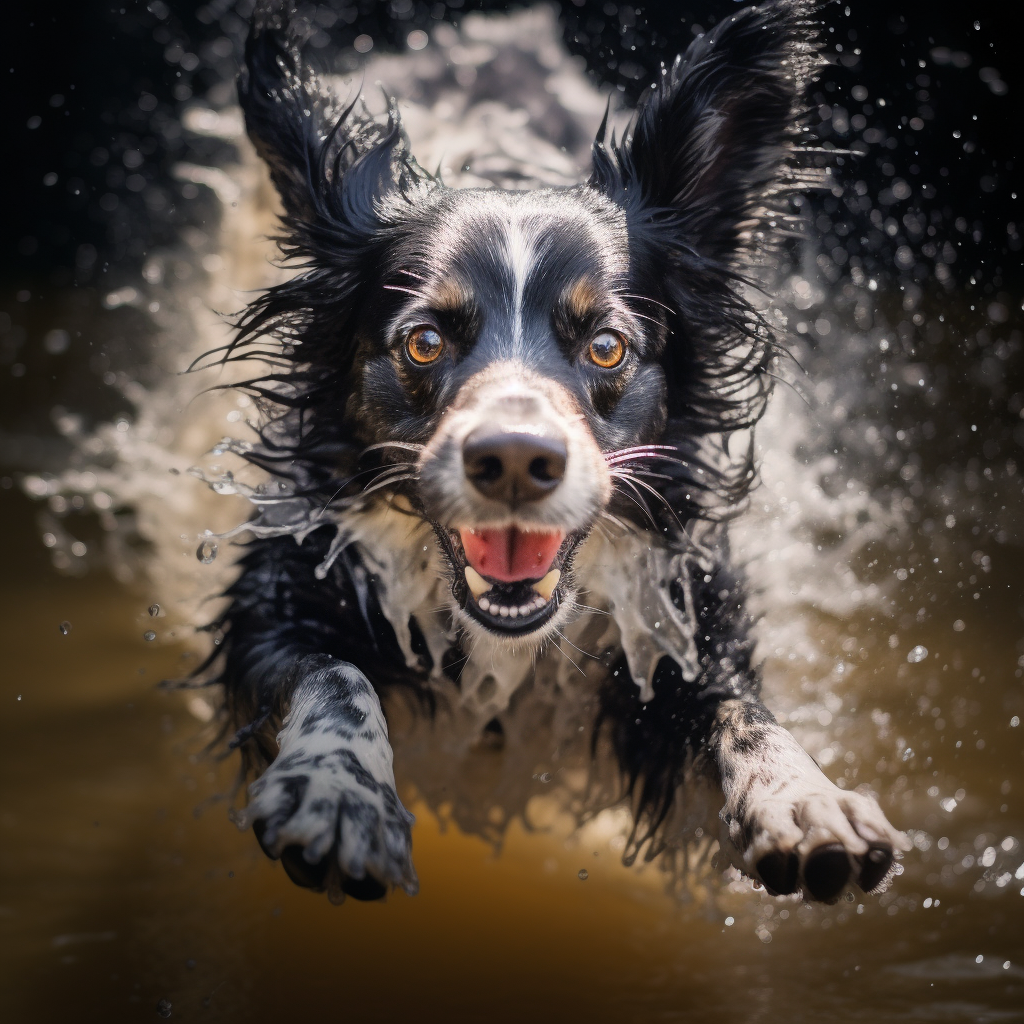 Un primo piano di un cane bianco e nero che schizza fuori dall'acqua