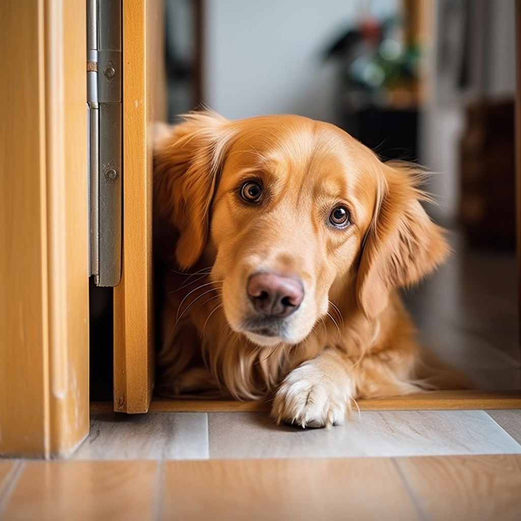 cane a pelo lungo marrone sdraiato sul pavimento di casa fa capolino dalla porta