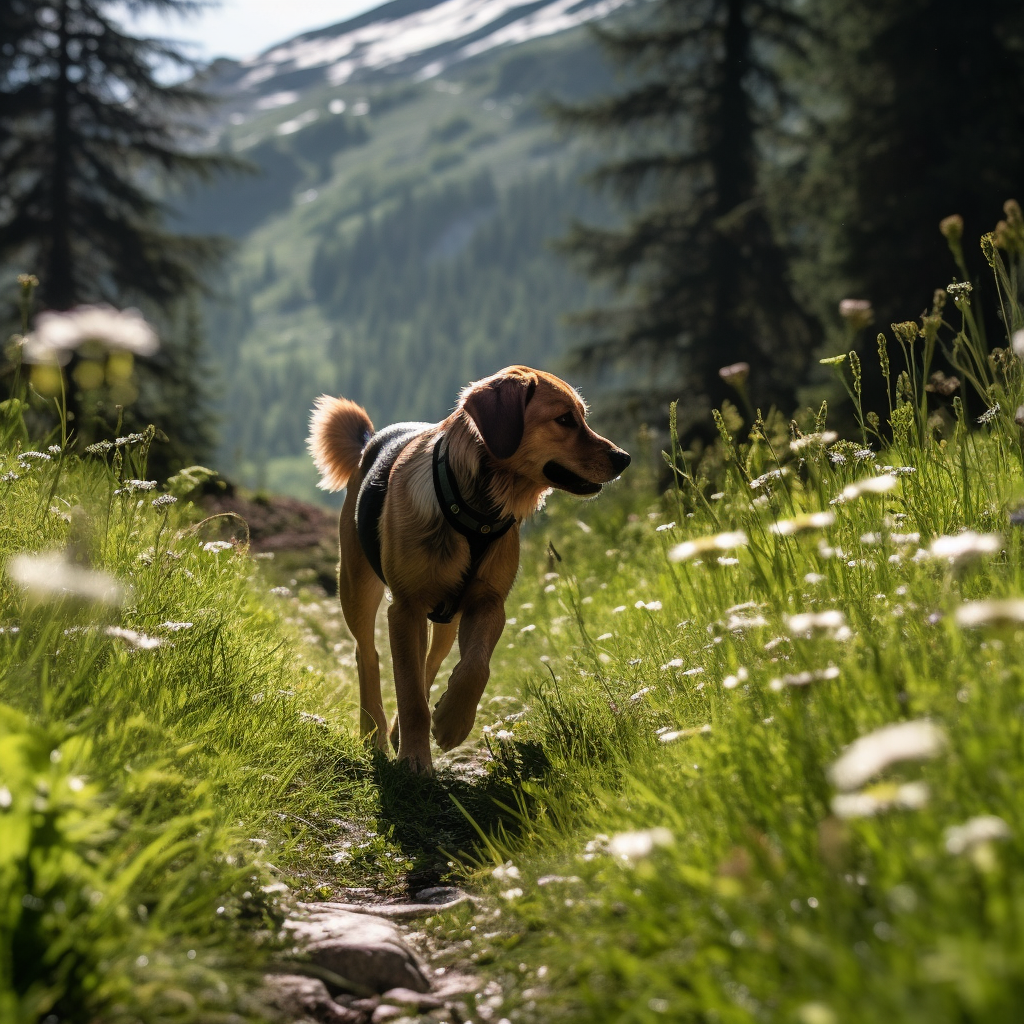 Un cane sta seguendo una pista nella radura di un bosco di montagna