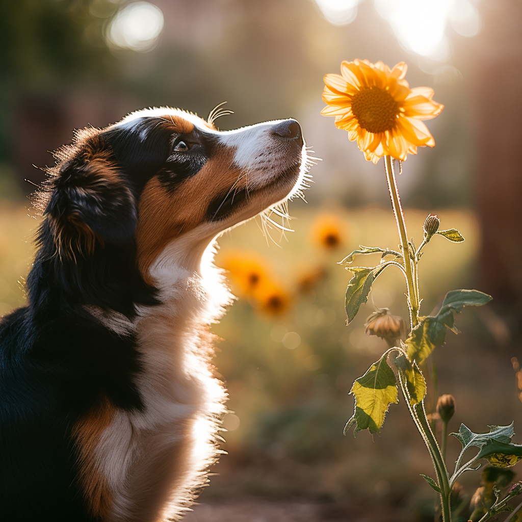 Un cane bianco, nero e marrone sta annusando un fiore giallo alla luce del tramonto