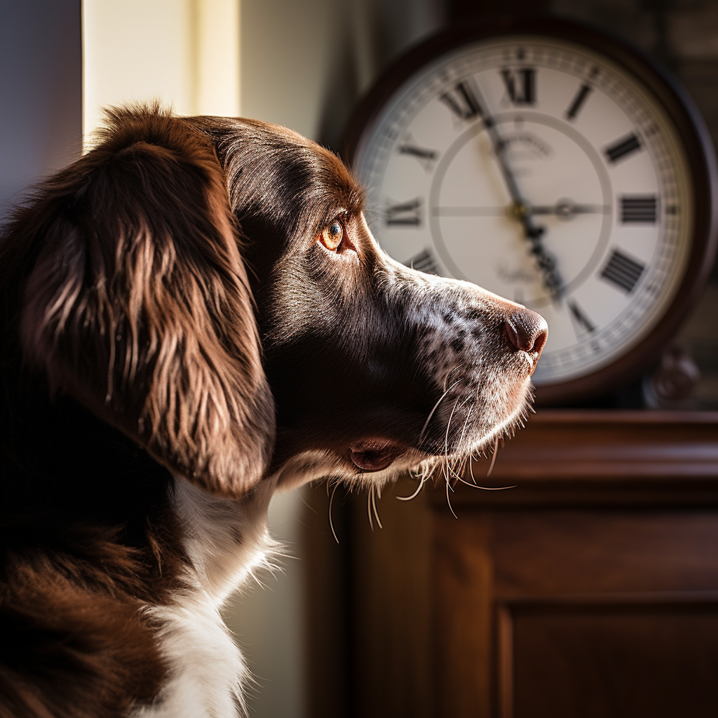 Un cane marrone in primo piano, sullo sfondo un orologio tondo a lancette