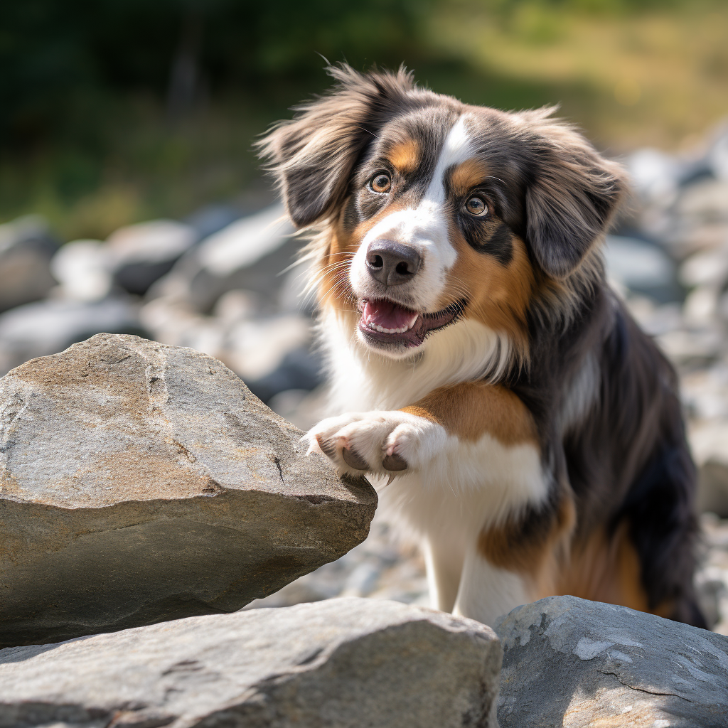 Un cane nero bianco e marrone tocca una roccia sul greto di un fiume con una zampa
