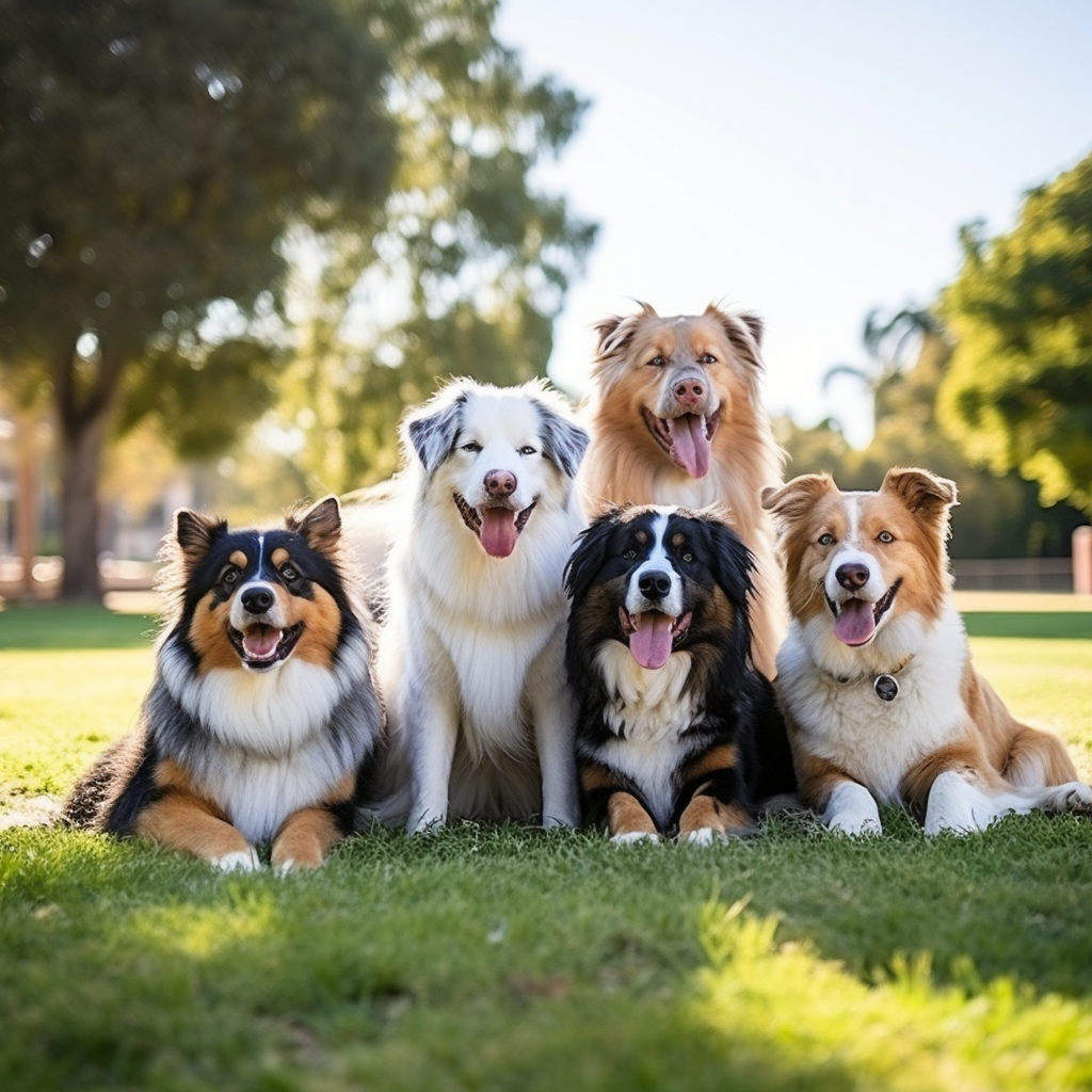 Un gruppo di cani al parco, in posa in attesa della foto.