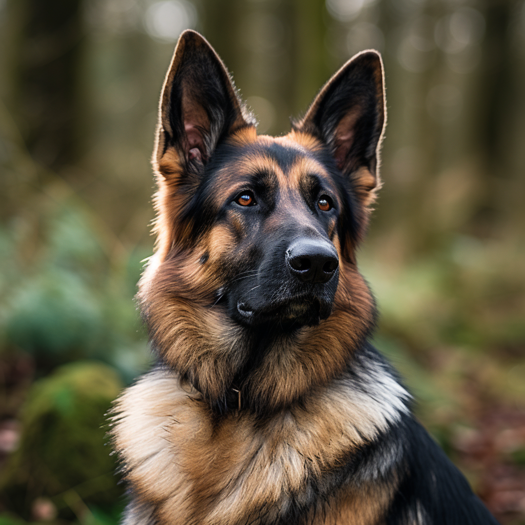 Un cane da pastore tedesco in primo piano, sullo sfondo un bosco
