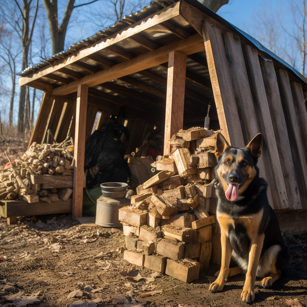 Cane simil pastore tedesco seduto accanto ad una capanna degli attrezzi