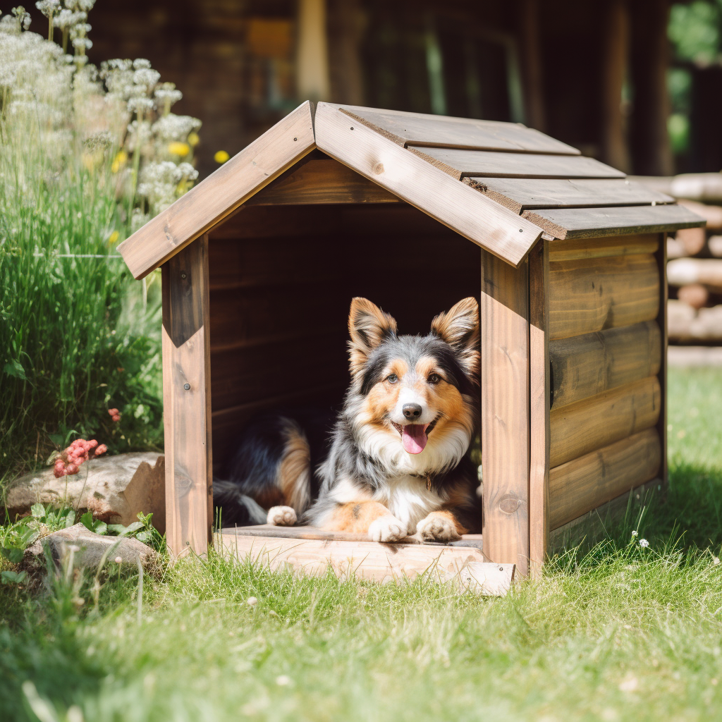 Cane di medio-piccola taglia a pelo lungo, bianco nero e marrone, sdraiato in una cuccia di legno nel prato di una casa di campagna