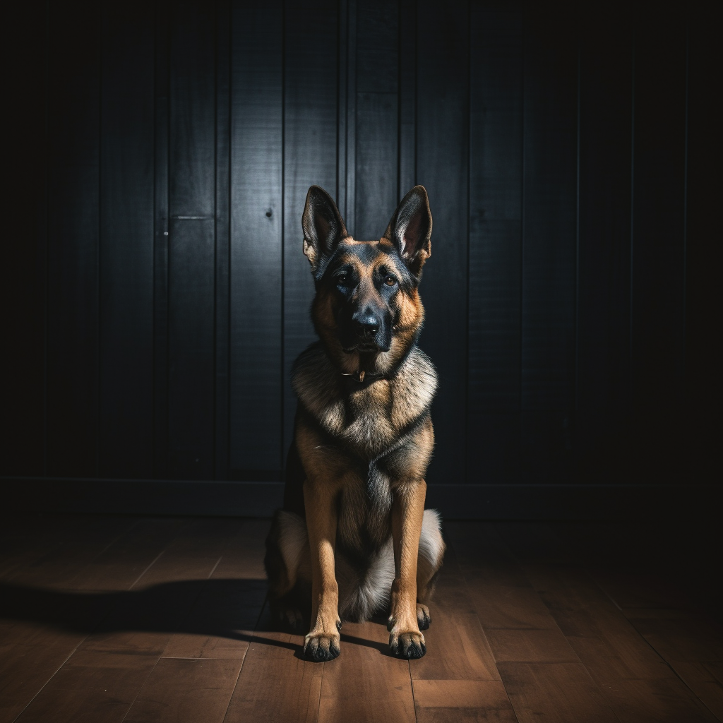 Un cane pastore tedesco solo in una stanza al buio
