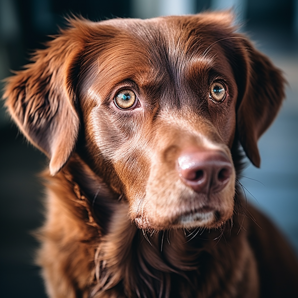 Primo piano cane marrone, ha dei riflessi negli occhi