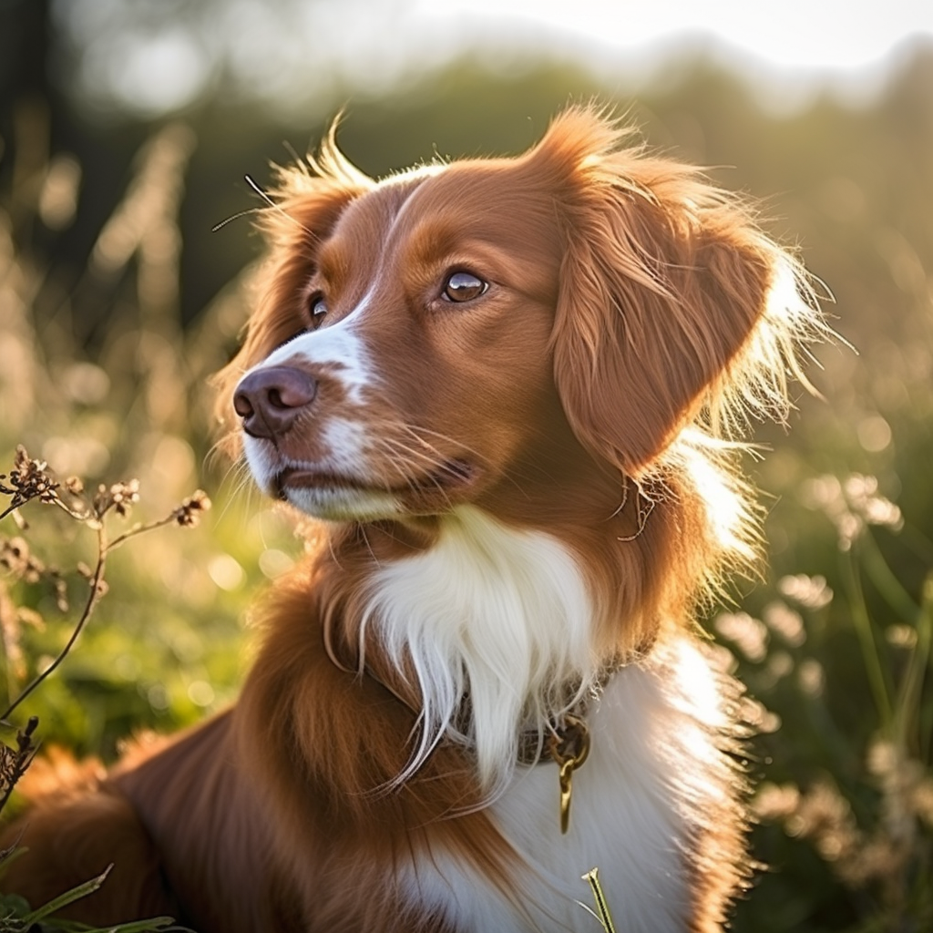 Cane simil Breton marrone e bianco all'aperto in un ambiente naturale con fiori selvatici