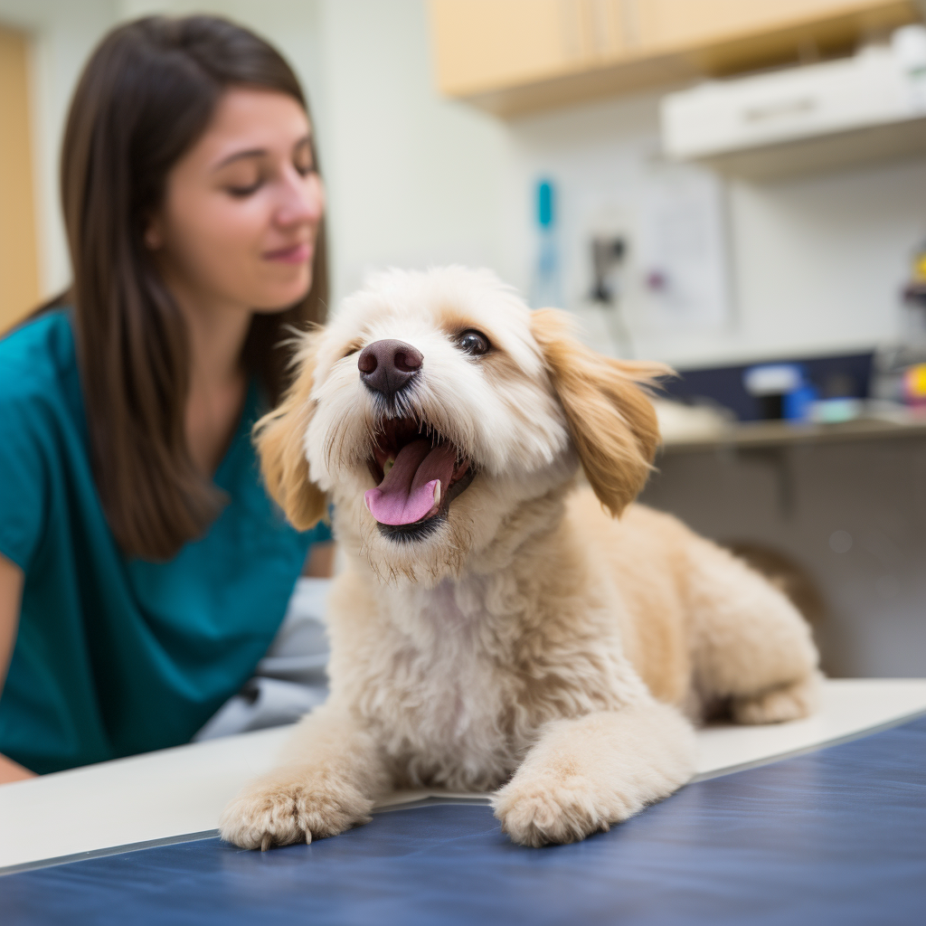 Un cane bianco di piccola taglia è sdraiato sul lettino di un veterinario, sullo sfondo la dottoressa che lo sta visitando