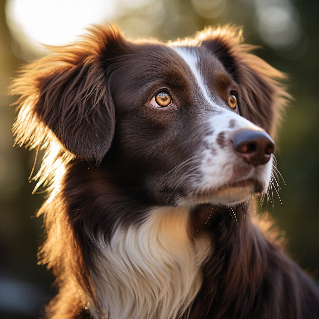 Primo piano di un cane marrone e bianco, con la luce del sole che sta tramontando alle sue spalle