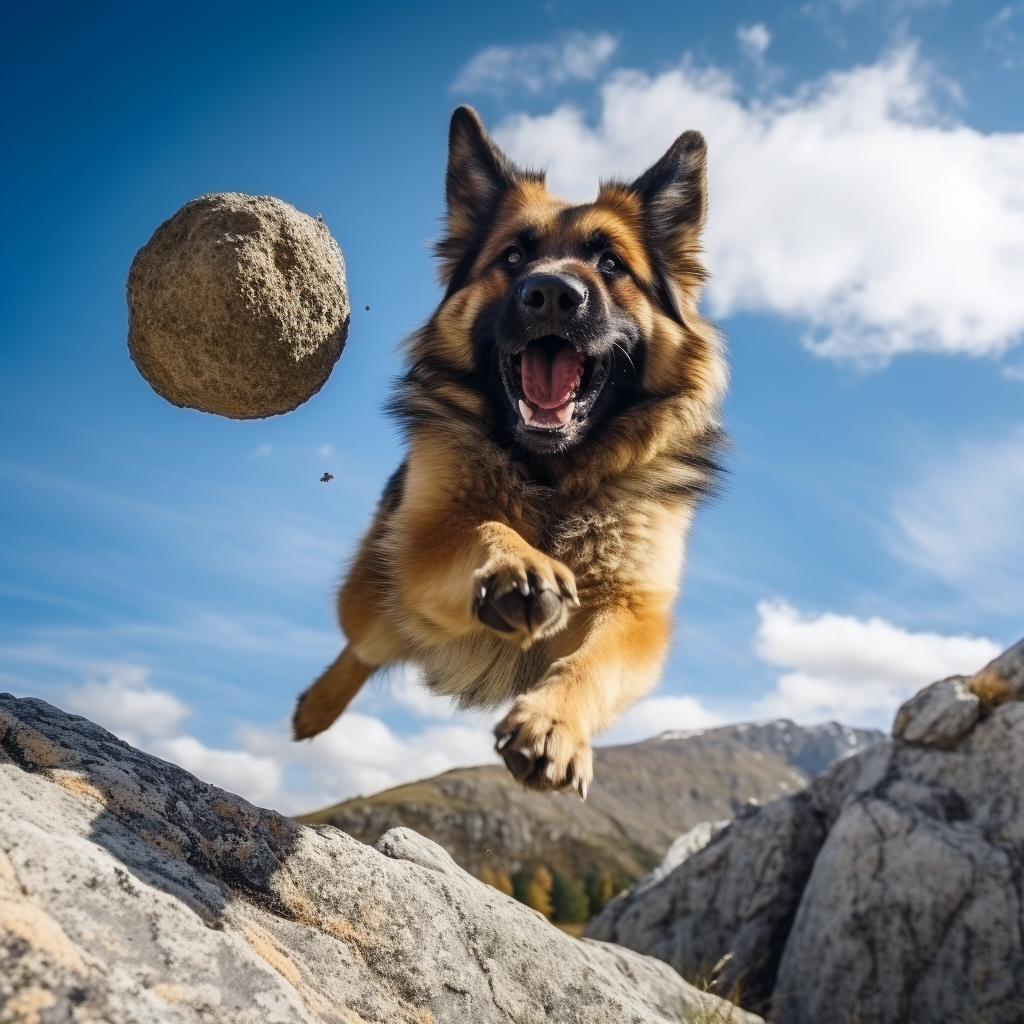 Un cane simil pastore tedesco a pelo lungo si lancia da un pendio roccioso nel tentativo di recuperare un masso sferico che sta cadendo