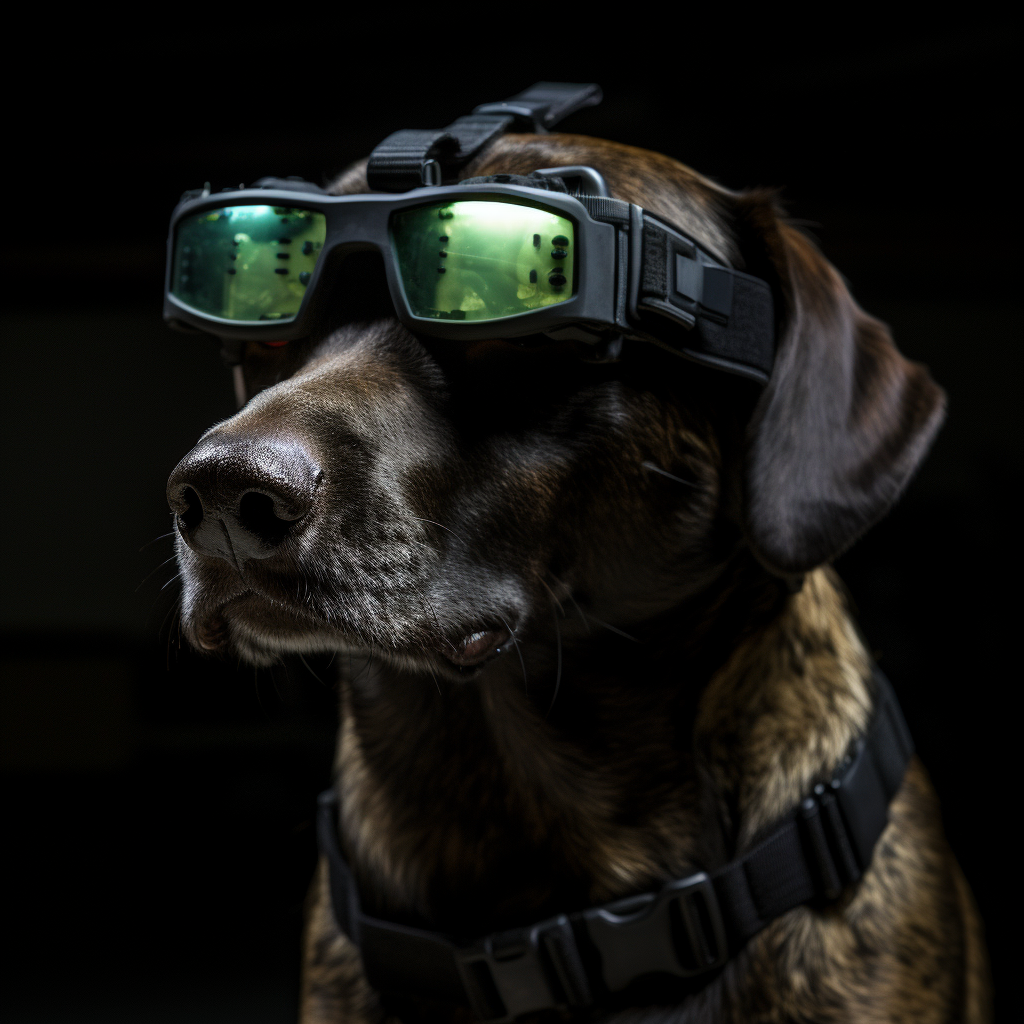 Primo piano di un cane con un visore notturno in un ambiente al buio